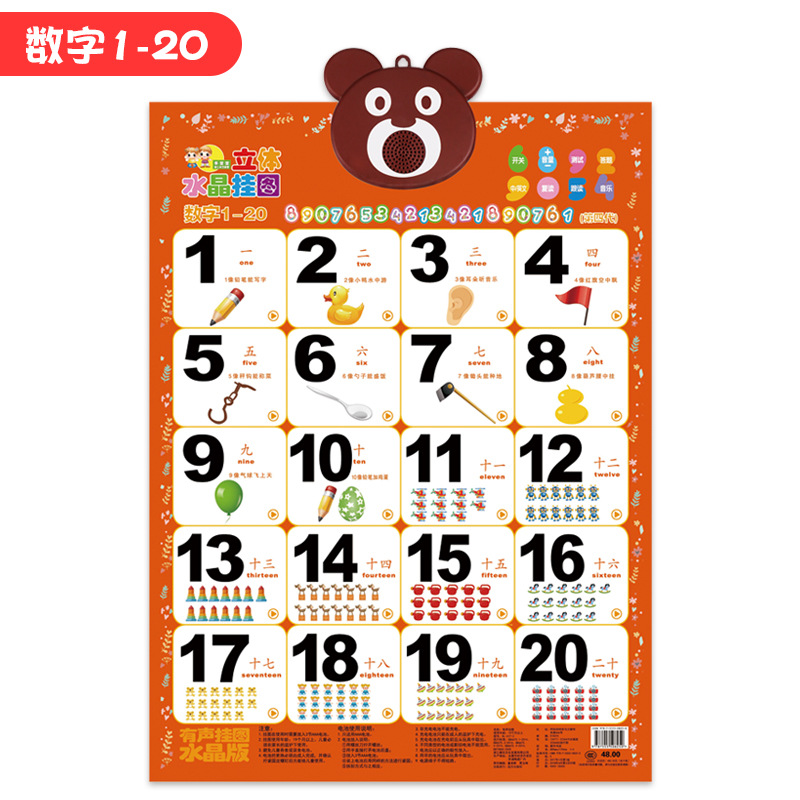 1到100数字挂图有声认数卡片幼儿园认知早教发声墙贴 高品质-数字1-20
