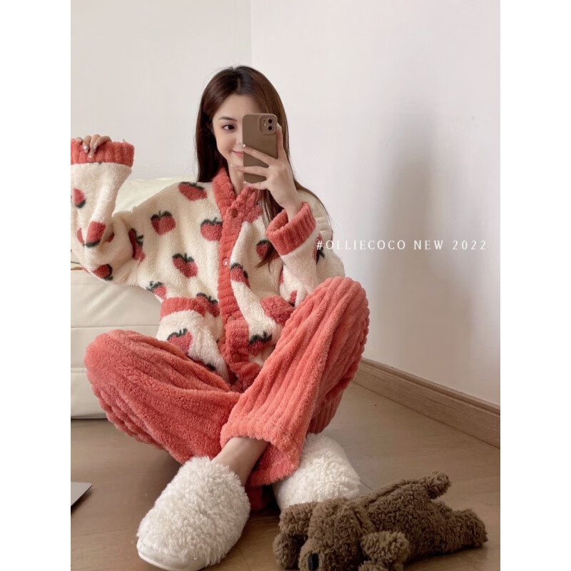 有只绵秋冬加厚加绒保暖睡衣女学生可爱珊瑚绒套装宽松法兰绒家居服 水蜜桃-套装 L 码(建议90-120斤)