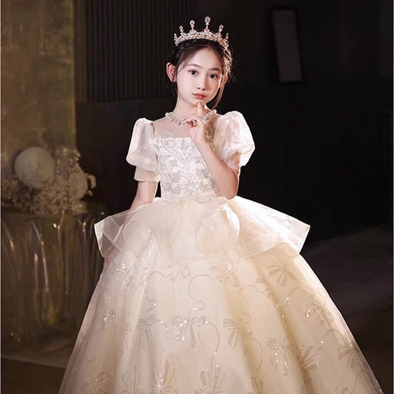 apfelbaum女童礼服高端轻奢小众生日公主裙花童婚礼小女孩主持人儿童晚礼服 香槟色长款 150属于什么档次？