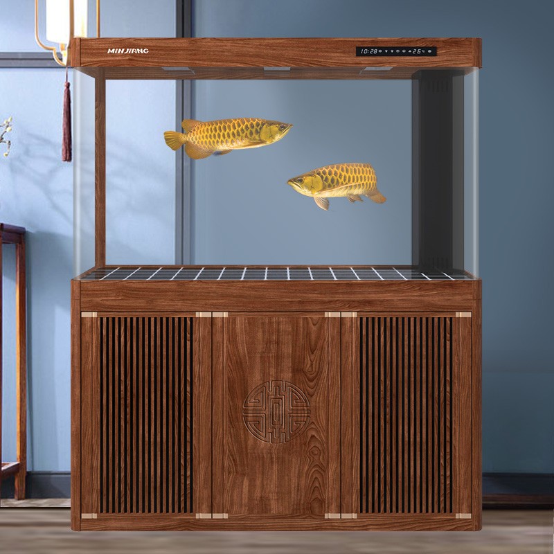 闽江大型鱼缸客厅家用落地水族箱热弯弧形新中式免换水底滤龙鱼缸