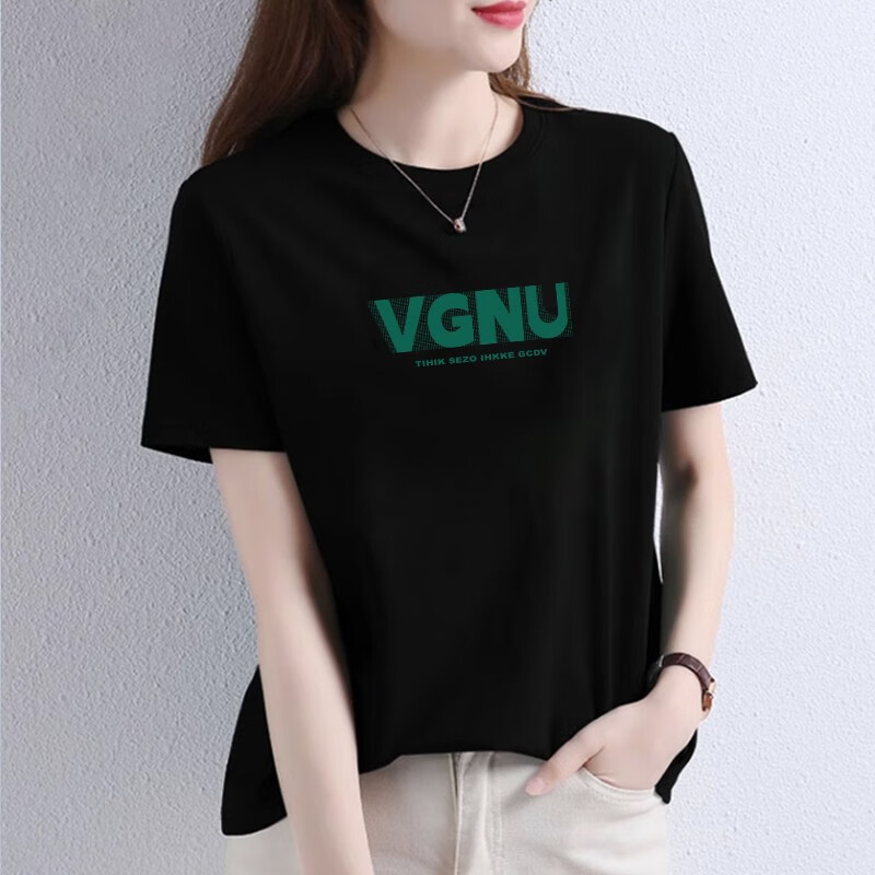 t恤女夏黑色2023年新款印花潮字母半袖打底内搭正肩上衣 黑色款式1 s