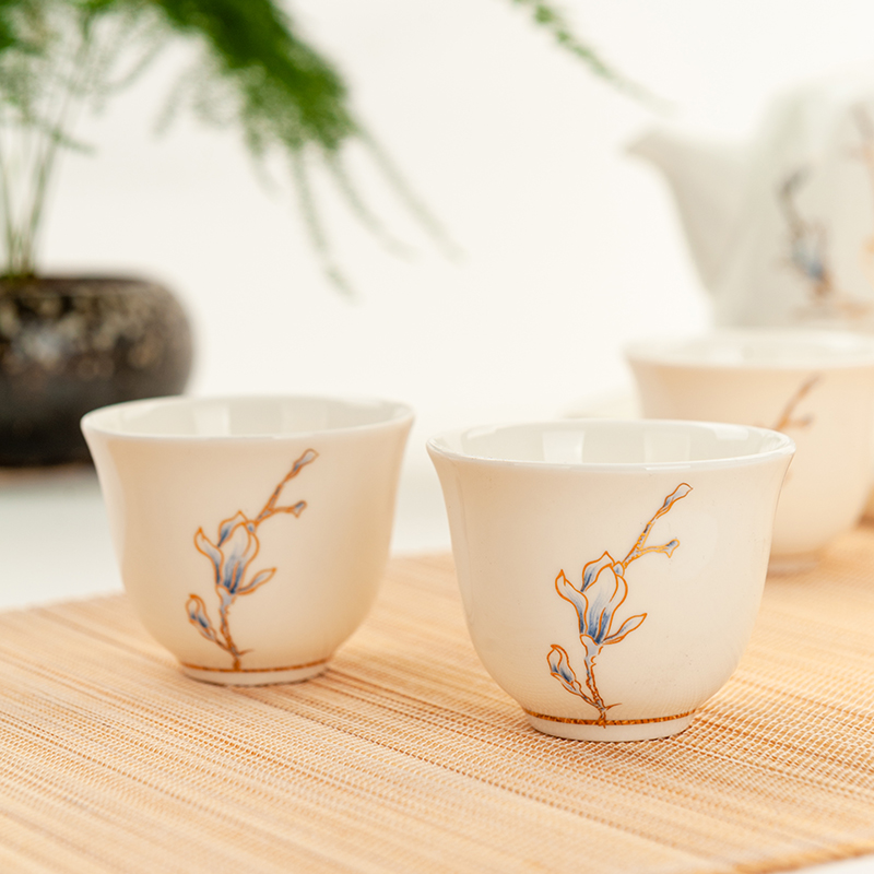 玉兰花开茶具功夫茶杯骨粉中式小水杯美人杯 玉兰花开-美人杯 70ml 10