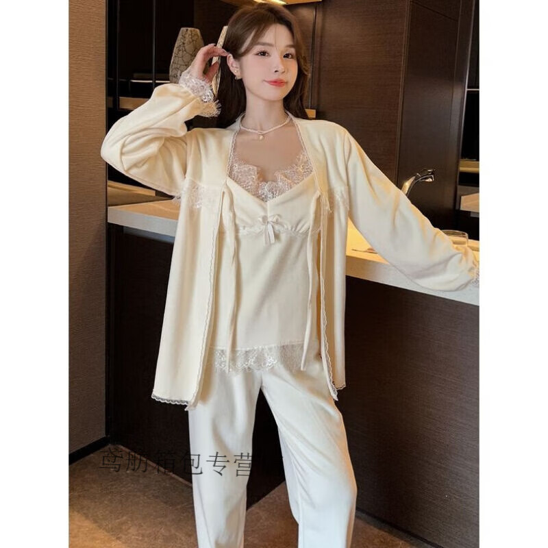 韦戒吊带袜四件套高颜值甜美秋冬海岛绒2024新款蕾丝花边v领气质家居