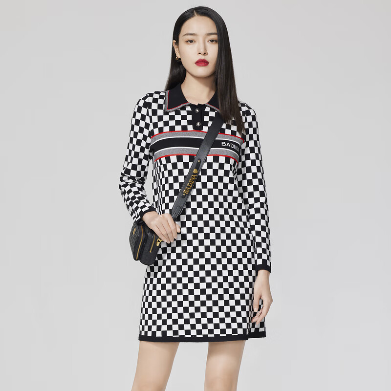 芭蒂娜黑白格连衣裙女2022春季新款收腰显瘦独特设计感a字中裙 黑白格