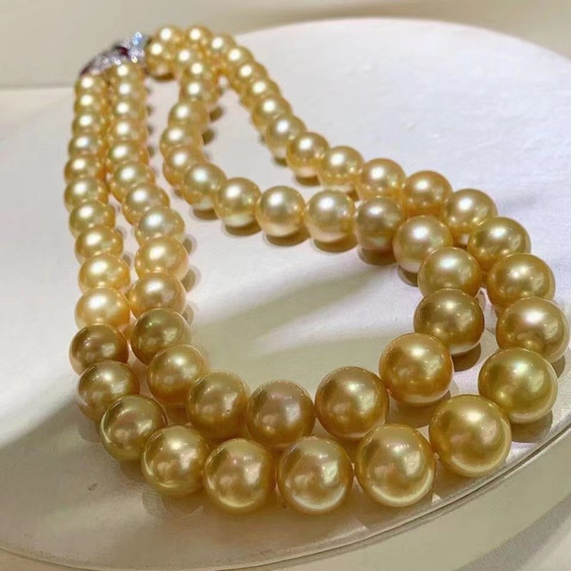 糜鸿(miehone)珠宝 茶金11-12mm 浓金色珍珠项链正圆基本无暇皮光透亮