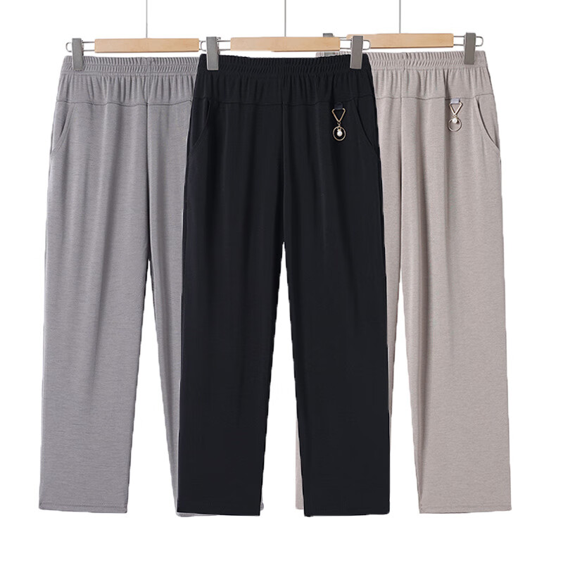 裤子夏季薄款八分裤高腰弹力直筒人女裤宽松婆婆奶奶裤 灰色 xl建议