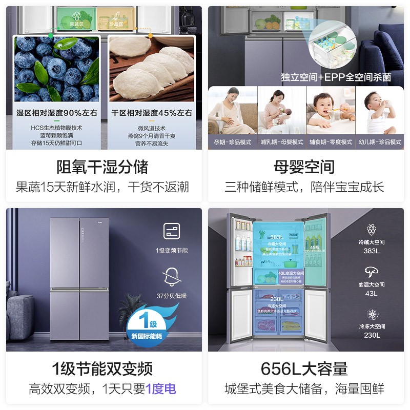 海尔(Haier)656升智享系列双变频十字双开四开门家用电冰箱智能语音控制母婴变温BCD-656WGHTDV9N9U1大冷冻力