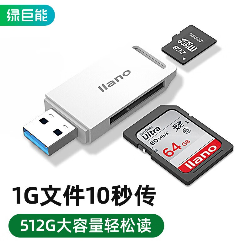 绿巨能（llano）USB3.0读卡器 多功能二合一读卡器支持USB-A/3.0/SD/TF存储卡等