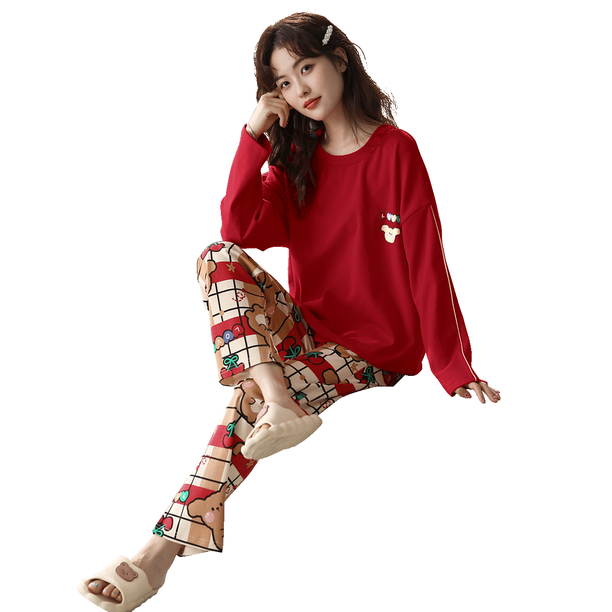 洁丽雅睡衣女士睡衣100%纯棉秋冬季长袖长裤安心全棉家居服套头可外穿 100%纯棉红色新春款 XL （建议110-130斤）