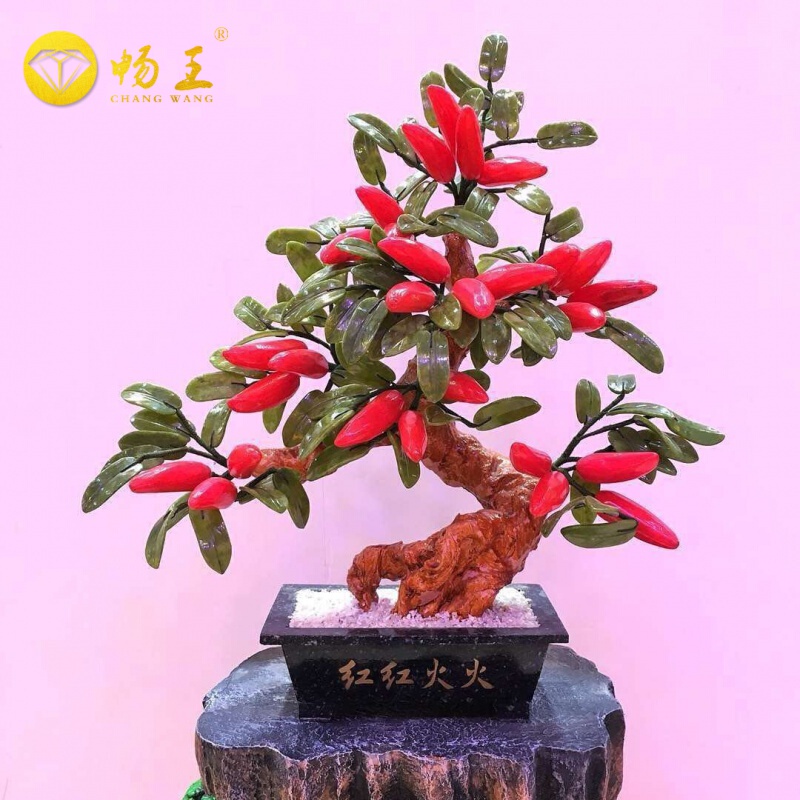 家居装饰书房书桌开业礼品商务玉石小辣椒树手装饰品书架 翠绿叶子款