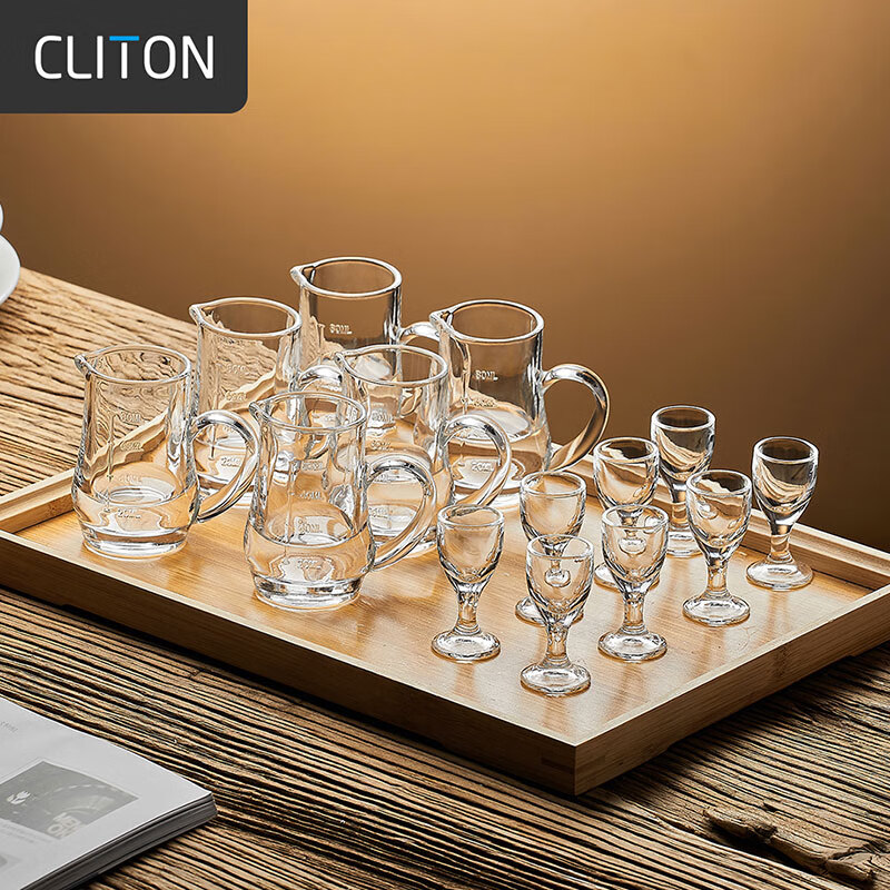 CLITON白酒杯分酒器套装一口杯高脚玻璃小酒杯带把分酒壶烈酒杯6壶8杯