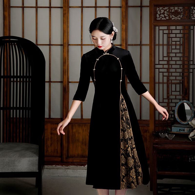 秦然2023改良版女修身春秋丝绒奥黛A字大摆老上海风长款中国风旗袍裙 571黑色 XL高性价比高么？