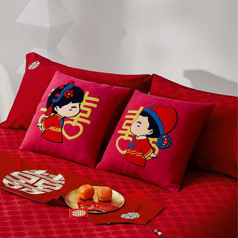 水星家纺结婚抱枕 婚房布置沙发床头卡通靠垫 大红婚庆刺绣靠垫【专享】 婚庆抱枕-刺绣新娘单只45×45cm