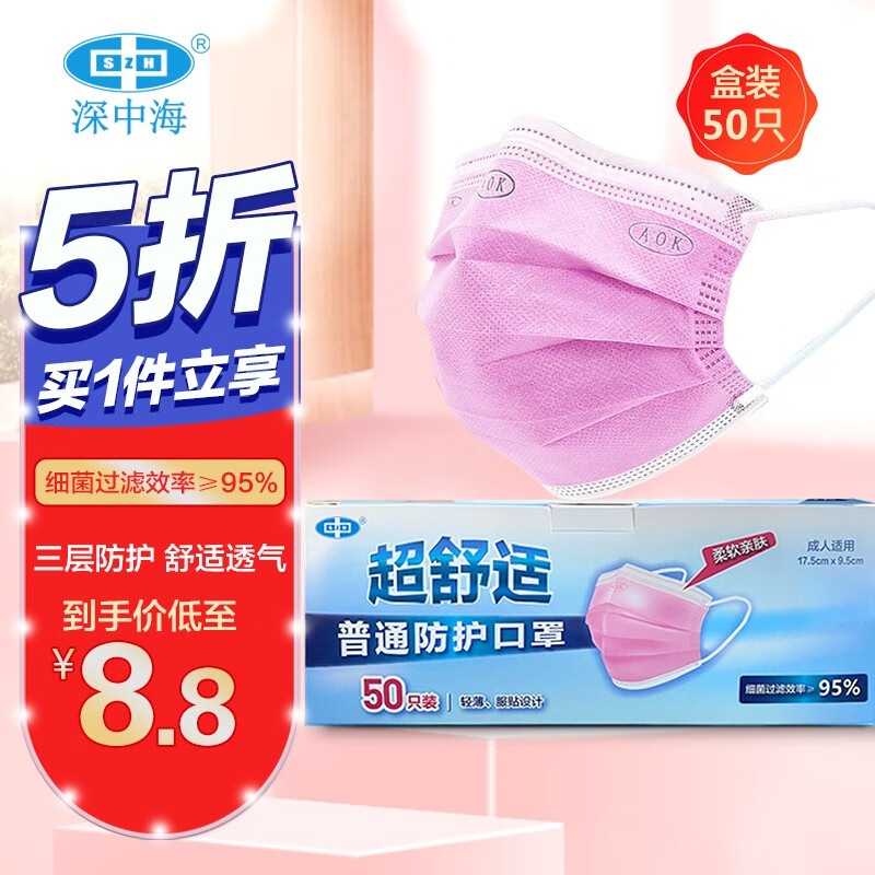 口罩价格走势,深中海普通防护口罩50只/盒购买推荐