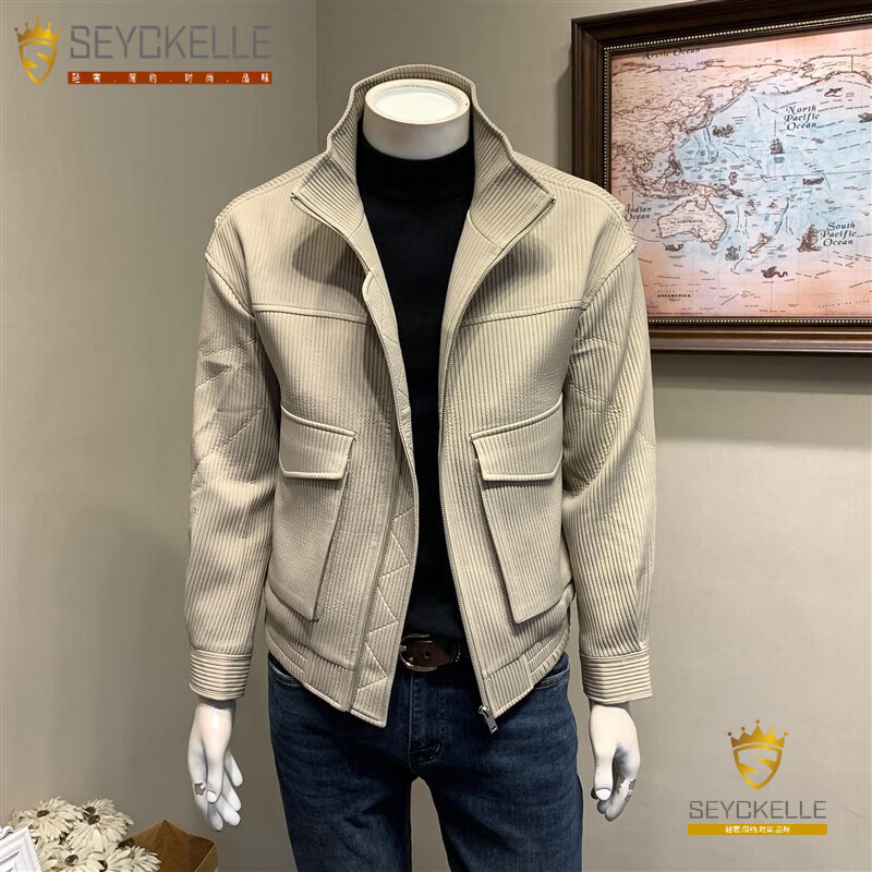 男士潮流帅气立领夹克男韩版休闲品质工装外套男装潮 卡其色 ck elle