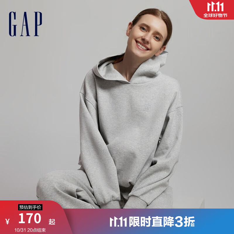 Gap女装秋季款空气三明治LOGO短款连帽衫810612卫衣 灰色 170/96A(M)