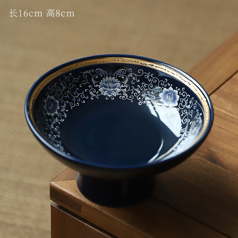 茶点盘青花陶瓷高脚茶点盘干果盘中式禅意点心盘供盘 朱门绣户果盘