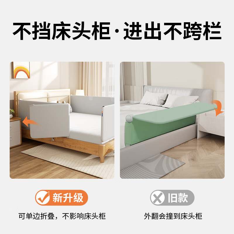 慕卡索免安装床围栏婴儿童防摔床边护栏宝宝防掉床上挡板可折叠垂直升降 季风灰免钉拼接款 单面装 2.0米