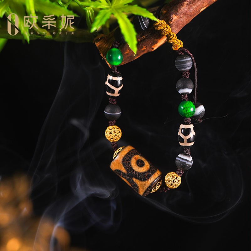 欧采妮珠宝 三眼至纯天珠手串diy设计款天然西藏真品色达老玛瑙原石包浆至纯天珠 三眼天珠手串