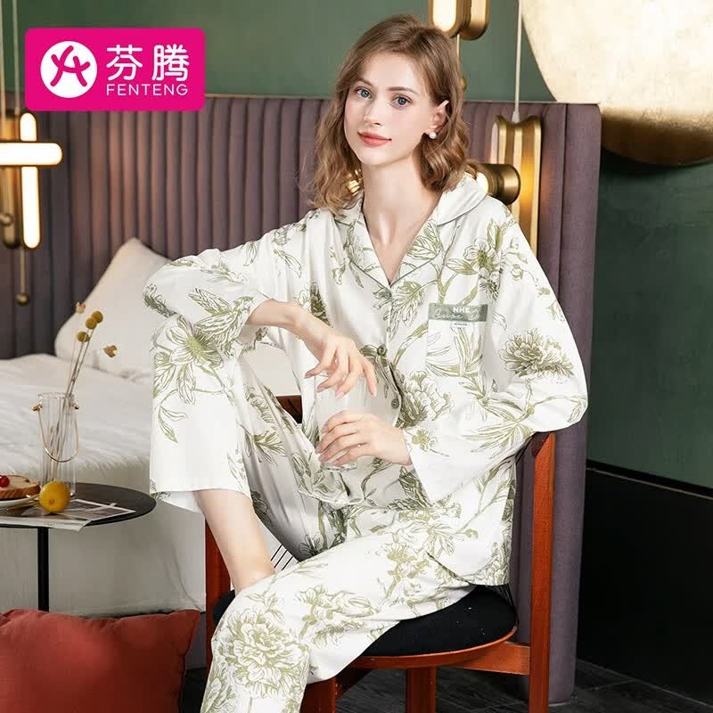 芬腾 睡衣女纯棉23年春秋季长袖新款温柔花朵舒适翻领家居服套装 草绿 L怎么样,好用不?