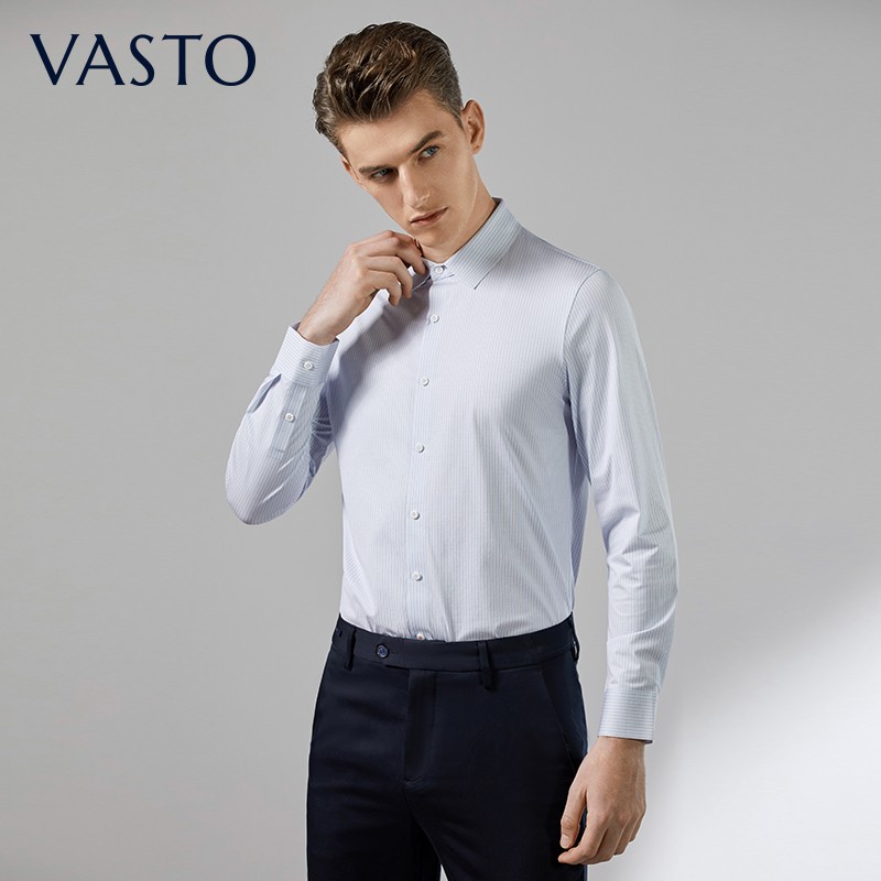 vasto华斯度夏季轻正装玉丝棉针织衬衫男新款条纹翻领长袖商务男装