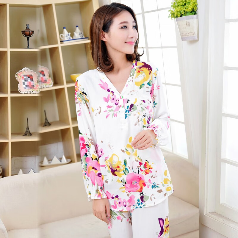 朵琳蔻棉绸睡衣女式睡衣套装女夏人造棉绸长袖长裤两件家居长款空调绵