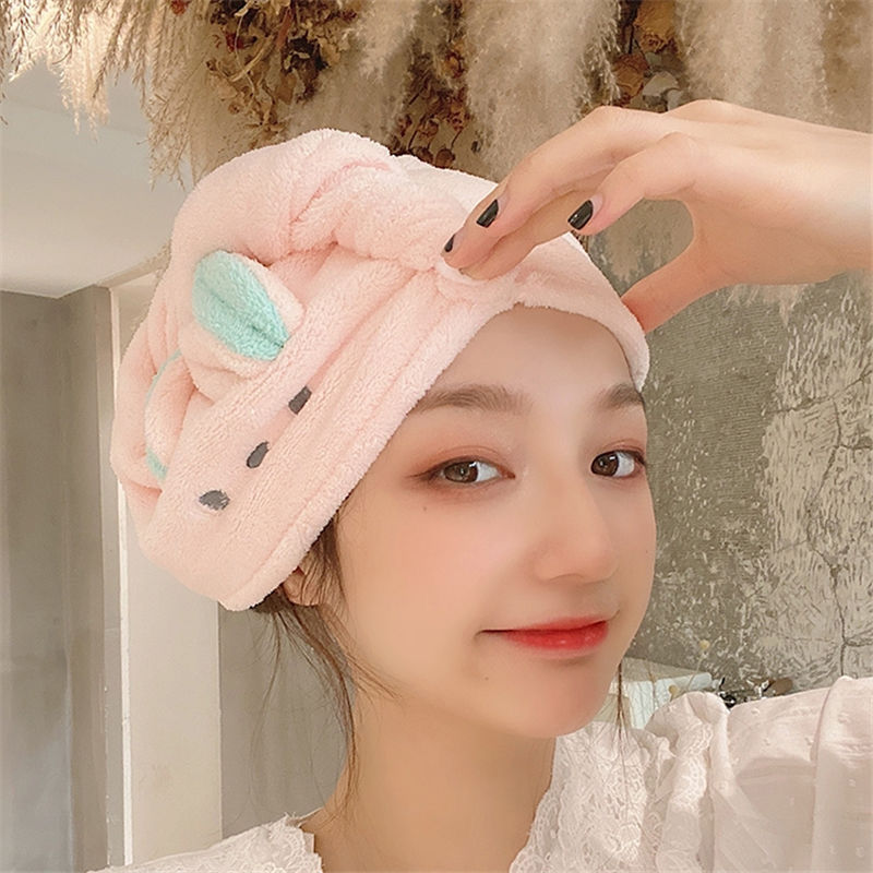 兔耳朵干发帽可爱卡通小熊干发帽擦头毛巾加厚干发巾可爱浴帽 粉色小兔干发帽加厚