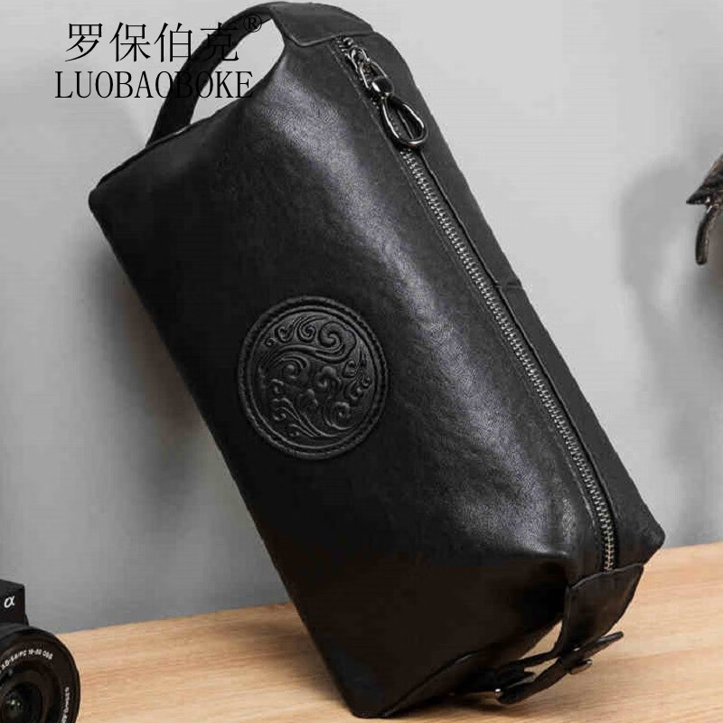 罗保伯克(luobaoboke)新款男士洗漱包男人化妆包头层牛皮手拿包男包手