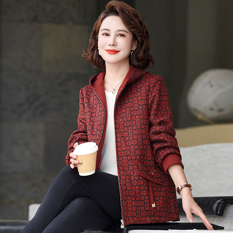 孜颜中老年女士外套50-60岁洋气妈妈装春装女2026春季新款连帽夹克衫 桔红 XL (建议100斤以内)