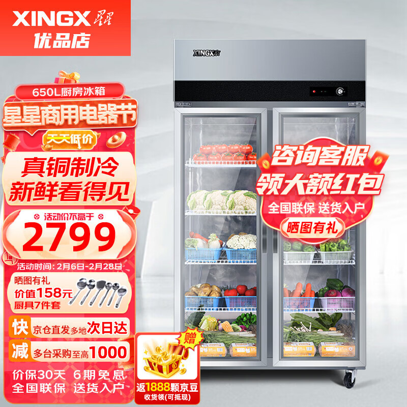 星星（XINGX）展示柜保鲜柜双层玻璃门一体通箱全冷藏冰箱 立式不锈钢蔬菜水果饮料厨房冰箱冷柜 50mm发泡层丨双门冷藏650升丨BC-650E