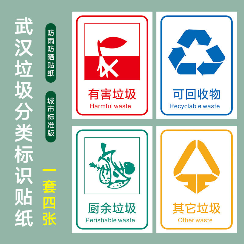 易腐垃圾 有害垃圾可回收物其他垃圾指示牌垃圾分类标语标识宣 武汉