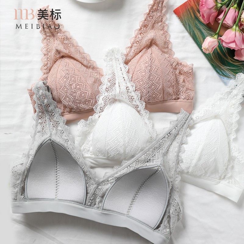 美标性感文胸女夏季无钢圈胸罩法式蕾丝三角杯内衣 白色 85B