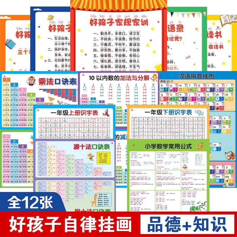家规家训挂画挂图墙贴好孩子自律课堂励志家庭教育风完整版清华妈妈语录家规家训挂图5张合集15条家风 墙贴凑十法借十法平十法乘除法拼音口诀表小学生挂图基础知识 家训+幼小衔接全套挂画【12张】