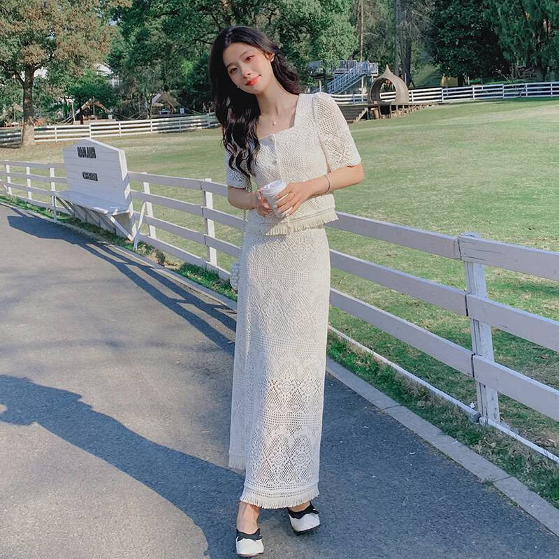 彼岸鸟法式小香风套装女夏气质名媛风蕾丝流苏上衣半身裙两件套 米