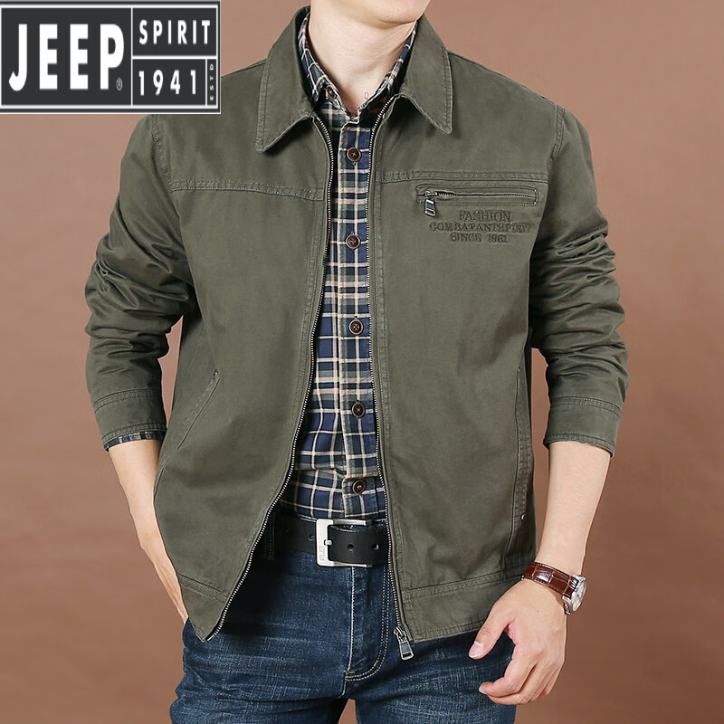 jeep品牌春秋季中年宽松翻领纯棉夹克男士春装上衣休闲大码多袋工装