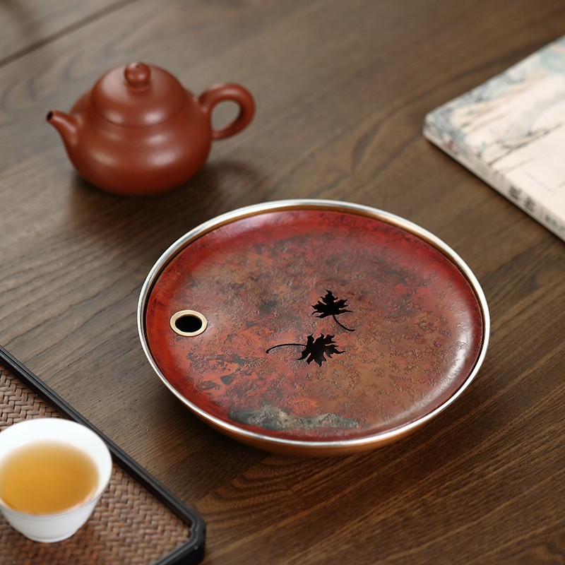 haomingtian手工包银紫铜圆形建水茶盘小型日式壶承储水铜茶台干泡台