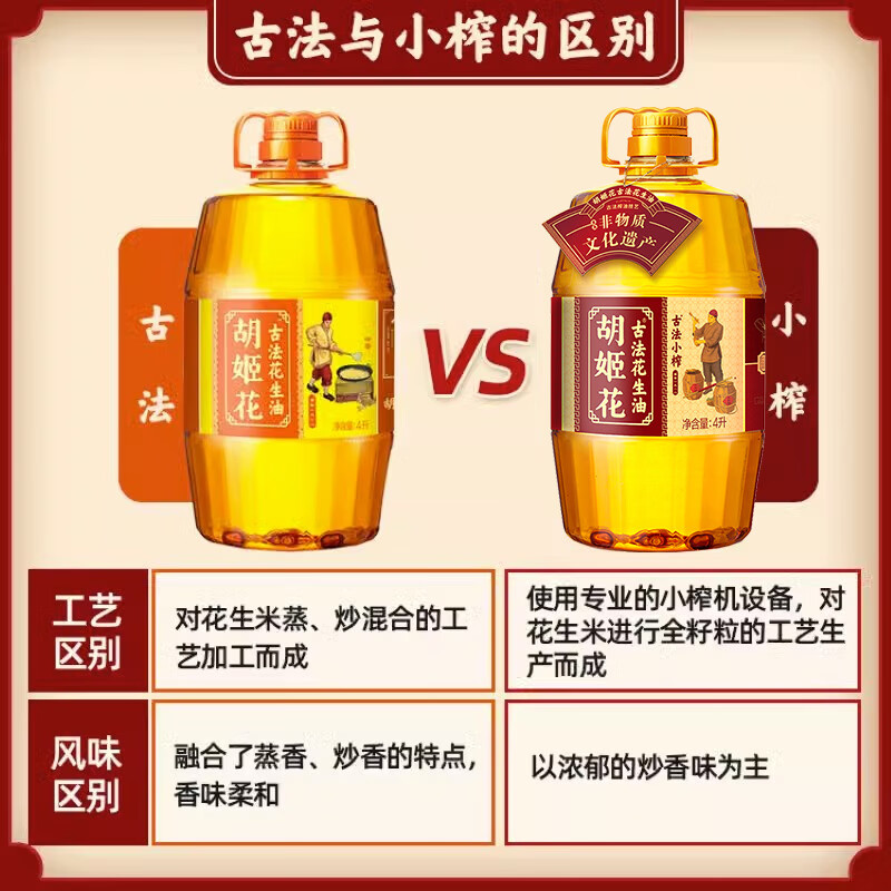 胡姬花古法小榨花生油4l家用大桶装纯正浓香物理压榨一级食用油
