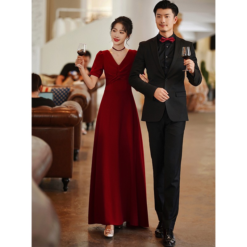 塞德勒敬酒服新娘2025新款酒紅色平時可穿答謝宴禮服訂婚長裙秋季回門服 酒紅色 L