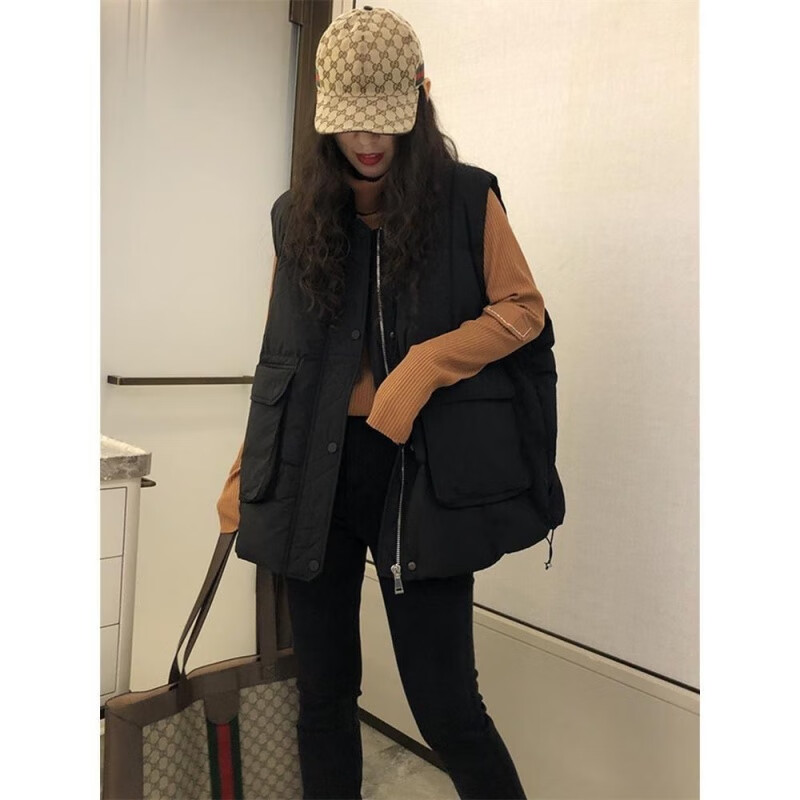 颜随欧洲站棉马甲女外穿秋冬季新款百搭马夹网红背心时尚 黑色 m