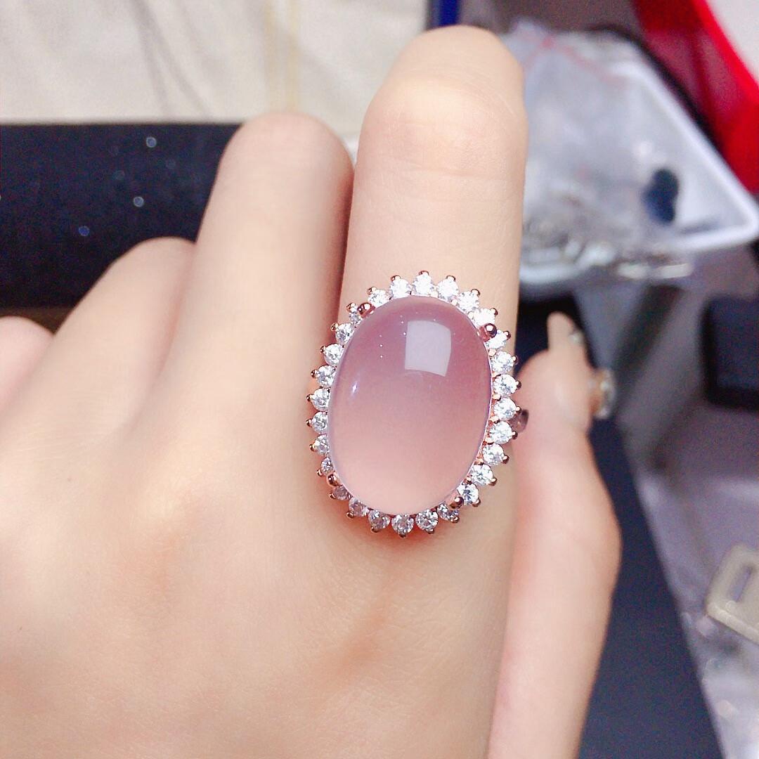 展缘新款戴妃大颗洋气浅粉冰润天然粉晶芙蓉石戒指s925银镶嵌 玫瑰