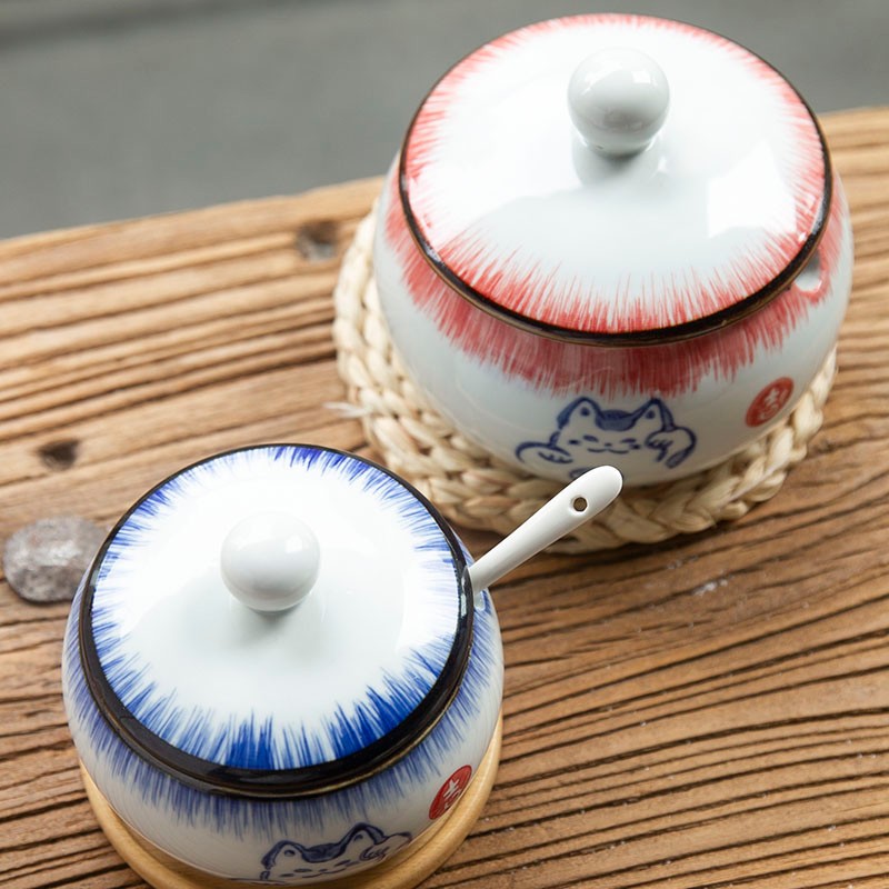 和风四季釉下彩调味罐复古盐罐油罐厨房调料罐调料盒陶瓷辣椒罐猪油罐炖盅 黄色招财猫大号调味罐550ml配勺