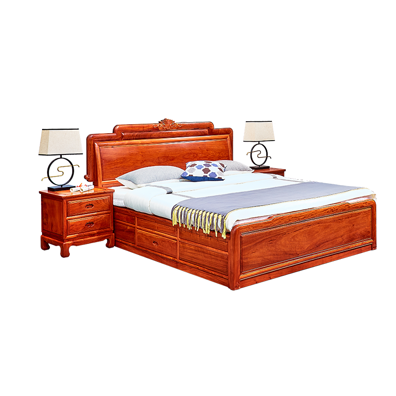 虎大师 红木家具缅甸花梨（学名：大果紫檀）中式家具双人床卧室古典带抽屉床头柜组合 1.5米大床配2个床头柜