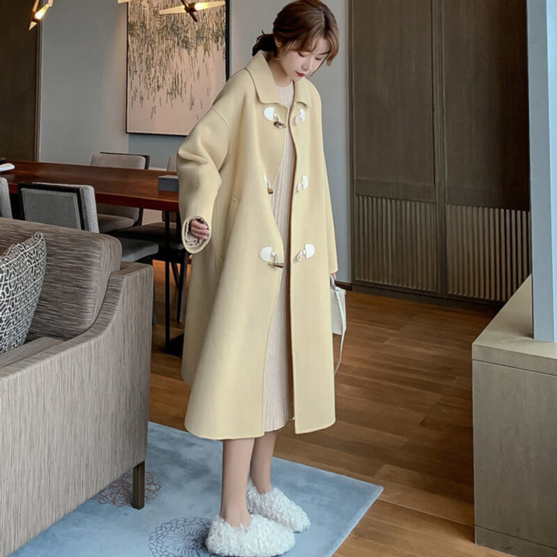 尼羊绒大衣女秋冬中长款休闲款秋冬季中长款双面羊绒毛呢外套 黄杏色