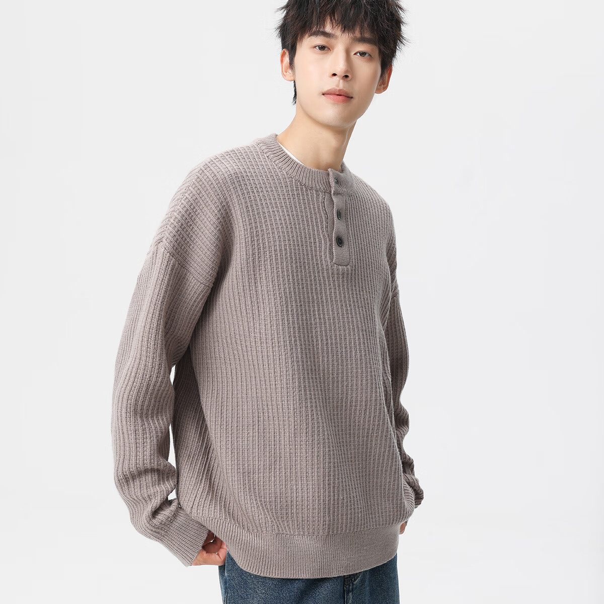 布衣传说 双股坑条打花 秋冬款粗针毛衣男士宽松加厚针织衫线衣服 驼色 XL