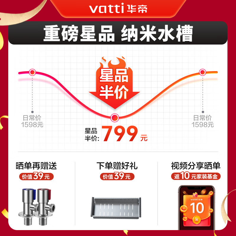 华帝（VATTI）厨房水槽大单槽洗菜盆一体盆 纳米304不锈钢 水池盘洗碗槽台下盆