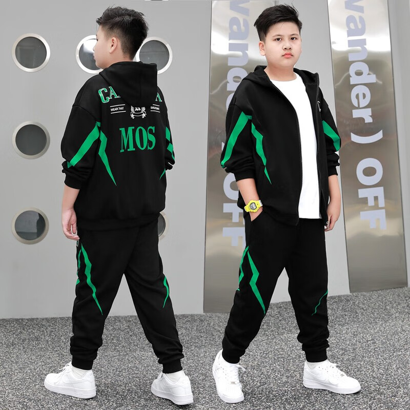 肥加大春秋纯棉套装12-15岁大童长袖运动服男孩卫衣 黑色闪电外套套装