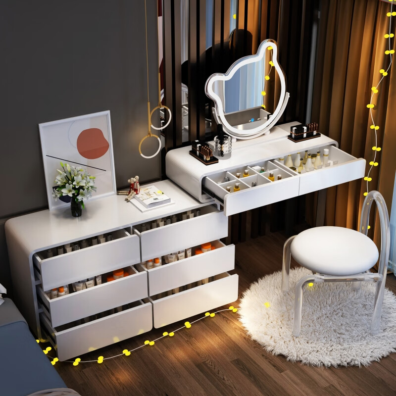 索菲亚实木奶油风烤漆梳妆台卧室现代简约感化妆桌2024新款斗柜一体
