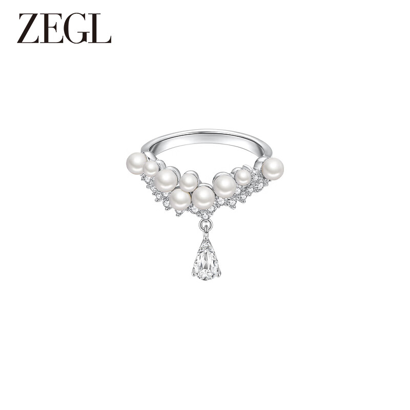 ZEGL冰透玫瑰系列花朵戒指女小众设计感潮流指环食指戒 珍珠吊坠戒指