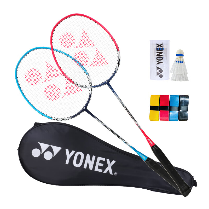 YONEX尤尼克斯羽毛球拍男女对拍2支耐用型套装蓝红双拍已穿线含手胶+球