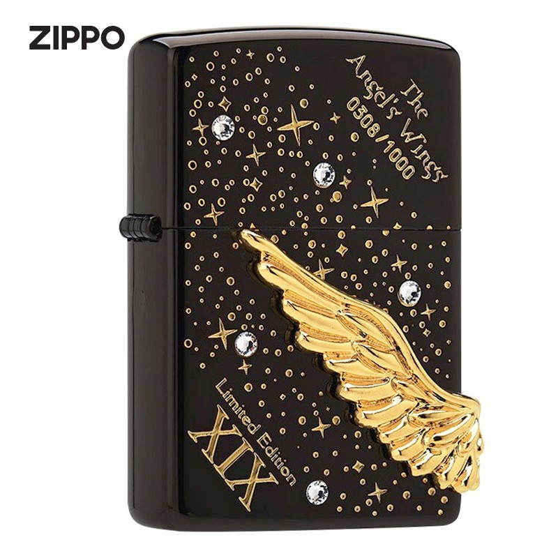 zippo打火机 黑冰蓝冰镶钻天使之翼  珍藏 煤油防风七夕情人节礼物